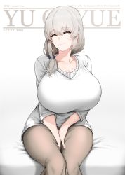 Rule 34 | 1girl, bed, beige pants, between legs, breasts, closed eyes, closed mouth, collarbone, commentary request, hair over shoulder, hand between legs, highres, huge breasts, low tied hair, mature female, silver hair, sitting, smile, sweater, uzaki-chan wa asobitai!, uzaki tsuki, white sweater, xiangzi box
