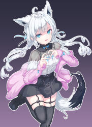Rule 34 | 1girl, ahoge, animal ear fluff, animal ears, black background, black footwear, black skirt, black thighhighs, braid, commentary request, earrings, extra ears, fox ears, fox girl, fox tail, garter straps, gloom (expression), gradient background, green eyes, hair between eyes, hair ribbon, heart, heart hands, highres, hololive, jacket, jewelry, leg up, long hair, looking at viewer, low twintails, open clothes, open jacket, open mouth, parufeito, pink background, pink jacket, ribbon, shirakami fubuki, shirt, sidelocks, single braid, skirt, solo, tail, thigh strap, thighhighs, twintails, virtual youtuber, white burinyan, white hair, white shirt