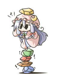 Rule 34 | 1girl, aoblue, balancing, chibi, crystal, female focus, long hair, patchouli knowledge, purple hair, rock balancing, solo, standing, standing on one leg, touhou