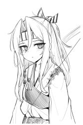 Rule 34 | 1girl, absurdres, bow (weapon), di le to, hachimaki, hair between eyes, headband, high ponytail, highres, japanese clothes, kantai collection, long hair, long sleeves, monochrome, muneate, ponytail, sketch, solo, weapon, white background, zuihou (kancolle)