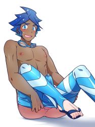 Rule 34 | 1boy, blue eyes, blue footwear, blue hair, blue male swimwear, blush, bulge, clothes pull, creatures (company), erection, erection under clothes, game freak, goggles, goggles around neck, gym leader, legs up, legskin, legskin pull, male focus, male swimwear, male swimwear pull, marlon (pokemon), nintendo, nipples, nishikimaru, pants, perineum, pokemon, pokemon bw2, precum, protected link, pulling own clothes, sandals, simple background, sitting, solo, spiked hair, sweatdrop, swimsuit, tan, tanline, testicles, wavy mouth, white background
