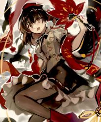 Rule 34 | 1girl, :d, animal, bird, bird wings, black hair, black ribbon, black skirt, black wings, breasts, brown eyes, crow, feathered wings, fuepo, grey pantyhose, hair between eyes, hand fan, hat, highres, holding, holding fan, leaf print, maple leaf print, medium breasts, open mouth, pantyhose, pom pom (clothes), puffy short sleeves, puffy sleeves, red footwear, red hat, ribbon, ribbon-trimmed clothes, ribbon-trimmed skirt, ribbon trim, shameimaru aya, short sleeves, skirt, smile, solo, tokin hat, touhou, wings