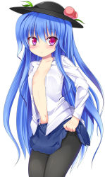 Rule 34 | 1girl, black pantyhose, blue hair, dress shirt, female focus, flat chest, food, fruit, hat, hinanawi tenshi, long hair, mamo williams, navel, no bra, open clothes, open shirt, pantyhose, peach, pleated skirt, purple eyes, red eyes, shirt, skirt, solo, thighhighs, touhou, undressing, very long hair