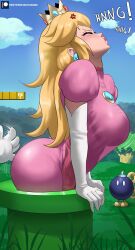 Rule 34 | 1girl, ? block, absurdres, anger vein, ass, blonde hair, blue sky, blush, bob-omb, breasts, closed eyes, closed mouth, cloud, commentary, crown, day, disembodied hand, dress, earrings, echo saber, elbow gloves, english commentary, from side, gloves, highres, jewelry, large breasts, lips, long hair, mario (series), nintendo, out of frame, pink dress, pink lips, princess, princess peach, profile, puffy short sleeves, puffy sleeves, short sleeves, sky, stuck, super mario bros. 1, sweat, tree, warp pipe, white gloves