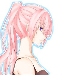 Rule 34 | 1girl, alternate hairstyle, bad id, bad pixiv id, bare shoulders, black tank top, colorized, female focus, highres, long hair, looking at viewer, looking to the side, megurine luka, miyagi fuotome, neck, open mouth, parted lips, pink hair, ponytail, purple eyes, serious, solo, tank top, upper body, vocaloid