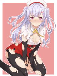 Rule 34 | 1girl, ajax (azur lane), azur lane, bad id, bad pixiv id, beret, between legs, black pantyhose, blush, breasts, capelet, detached sleeves, feet out of frame, hair ornament, hairclip, hand between legs, hat, high-waist skirt, highres, light purple hair, long hair, long sleeves, looking at viewer, neckerchief, no bra, outline, pantyhose, pink background, pink eyes, ramchi, red skirt, shiny skin, signature, simple background, sitting, skirt, small breasts, solo, torn clothes, torn pantyhose, torn skirt, two side up, v arms, wariza, white hat, white outline, yellow neckerchief