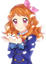 Rule 34 | 1girl, aikatsu!, aikatsu! (series), blue jacket, blush, bow, closed mouth, commentary request, hair bow, hands up, highres, jacket, long sleeves, medium hair, ozora akari, orange hair, petals, pink bow, pink eyes, sekina, simple background, smile, solo, upper body, white background