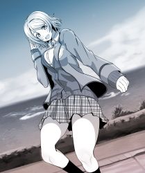 Rule 34 | 1girl, artist name, artist request, bare legs, black legwear, blue eyes, blush, breasts, cloud, collared shirt, day, female focus, grey hair, highres, jacket, light brown hair, looking at viewer, love live!, love live! sunshine!!, medium breasts, outdoors, parted lips, salute, shirane, shirt, short hair, skirt, sky, smile, solo, watanabe you