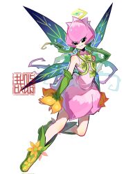 Rule 34 | 1girl, artist logo, artist name, black eyes, boots, detached sleeves, digimon, digimon (creature), dress, fairy, flower, full body, green footwear, green sleeves, hair vines, highres, knee boots, leaf wings, lilimon, long hair, looking at viewer, monster girl, nail polish, pink dress, pink nails, plant, plant girl, plant hair, simple background, smile, solo, watermark, white background, youzaiyouzai112