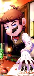 Rule 34 | 1boy, aoriao, black suit, bow, card, casino, casino card table, commentary, cup, drink, english commentary, facial hair, formal, gloves, highres, ice, looking at viewer, mario, mario (series), mustache, new super mario bros., nintendo, playing card, poker, poker chip, red bow, signature, smile, smirk, smug, suit, super mario 64 ds, table, tagme