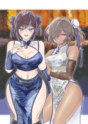 Rule 34 | 2girls, alternate costume, alternate hairstyle, bare shoulders, black footwear, blue ribbon, blue shirt, blue skirt, blush, boots, breasts, bridal gauntlets, brown eyes, brown hair, bun cover, china dress, chinese clothes, cleavage, cleavage cutout, clothing cutout, collarbone, commentary request, cowboy shot, crop top, dark-skinned female, dark skin, double bun, dress, goddess of victory: nikke, hair between eyes, hair bun, hair over one eye, hair ribbon, highres, knee boots, large breasts, long hair, looking at viewer, malia wildcats, marciana (nikke), midriff, multiple girls, naga (nikke), navel, navel piercing, one side up, open mouth, pelvic curtain, piercing, ribbon, shirt, sidelocks, skindentation, skirt, sleeveless, sleeveless dress, sleeveless shirt, smile, standing, white dress, yellow eyes