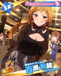 Rule 34 | 10s, 2girls, beamed quavers, breasts, brown eyes, brown hair, character name, character signature, cleavage, earrings, idolmaster, idolmaster million live!, jewelry, licking lips, long hair, medium breasts, momose rio, multiple girls, musical note, official art, one eye closed, pantyhose, signature, smile, tongue, tongue out, yokoyama nao