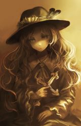 Rule 34 | 1girl, commentary request, cross, dolls in pseudo paradise, dress, expressionless, frilled shirt collar, frills, gradient background, hat, hat feather, highres, holding, holding cross, jacket girl (dipp), kotonoman, latin cross, long hair, long sleeves, looking at viewer, monochrome, parted bangs, parted lips, ribbon, simple background, solo, touhou, upper body, very long hair, wavy hair, wide sleeves