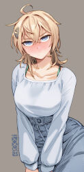 Rule 34 | 1girl, ahoge, artist logo, artist name, blonde hair, blue eyes, blue skirt, blush, breasts, closed mouth, collarbone, denim, denim skirt, ergot, grey background, hair between eyes, hair ornament, highres, kantai collection, large breasts, long sleeves, looking at viewer, medium hair, official alternate costume, shirt, simple background, skirt, solo, tuscaloosa (kancolle), white shirt