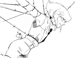 Rule 34 | 1boy, androgynous, bae (baebae), barbed wire, bare shoulders, blush, bound, graphite (medium), greyscale, jacket, lio fotia, male focus, monochrome, promare, shirt, sidelocks, solo, tied up (nonsexual), torn clothes, torn shirt, traditional media