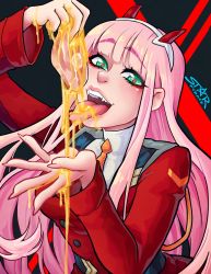 Rule 34 | 1girl, darling in the franxx, fangs, fingernails, food, green eyes, hairband, highres, honey, horns, long hair, long sleeves, looking at viewer, meat, military, military uniform, necktie, open mouth, pink hair, sharp fingernails, slit pupils, solo, starpyrate, teeth, tongue, tongue out, uniform, upper teeth only, zero two (darling in the franxx)