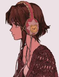 Rule 34 | 1girl, brown eyes, brown hair, brown sweater, expressionless, from side, grey background, hasu art, headphones, highres, iwakura lain, pink headphones, serial experiments lain, shirt, simple background, solo, sweater, white shirt, wire