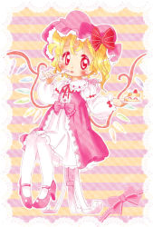 Rule 34 | 1girl, blonde hair, blush, border, bow, cake, crystal, dress, flandre scarlet, food, foot dangle, fork, hat, hat bow, high heels, holding, holding fork, holding plate, lace, lace border, legs together, looking at viewer, mob cap, neck ribbon, one side up, ornate border, pantyhose, pigeon-toed, pink bow, pink dress, pink footwear, pink hat, pink heels, plate, red bow, red eyes, ribbon, ribbon-trimmed bow, sitting, solo, strawberry shortcake, striped, striped background, striped bow, tongue, tongue out, touhou, white pantyhose, wings, zatsuni