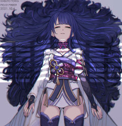 Rule 34 | 1girl, absurdres, asymmetrical sleeves, black gloves, black shorts, boots, breasts, cleavage, closed eyes, fingerless gloves, from above, genshin impact, gloves, highres, japanese clothes, kabuto tong, long hair, lying, mole, mole under eye, nail polish, on back, open mouth, purple footwear, purple hair, purple nails, raiden shogun, shorts, sleeping, smile, solo, teeth, thigh boots, thighhighs, uneven sleeves