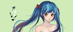 Rule 34 | bare shoulders, blue hair, face, green eyes, hair bobbles, hair ornament, hatsune miku, musical note, nataku39, nude, simple background, solo, twintails, vocaloid