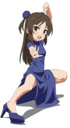 Rule 34 | 1girl, blue dress, blush, breasts, brown eyes, brown hair, bun cover, china dress, chinese clothes, double bun, dress, fighting stance, full body, hair bun, high heels, idolmaster, idolmaster cinderella girls, long hair, looking at viewer, open mouth, papiyon1297, simple background, small breasts, solo, tachibana arisu, white background