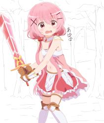 Rule 34 | 10s, 1girl, armor, armored boots, blush, boots, brown gloves, comic girls, commentary request, cosplay, endro!, fang, frilled skirt, frills, gloves, hair between eyes, hair ornament, hair over shoulder, hairclip, holding, holding sword, holding weapon, knee boots, long hair, low twintails, moeta kaoruko, navel, open mouth, partially colored, pauldrons, pink hair, red eyes, red skirt, shoulder armor, sincos, skirt, solo, standing, sword, thighhighs, translated, tree, twintails, very long hair, wavy mouth, weapon, x hair ornament, yuria shardet, yuria shardet (cosplay)