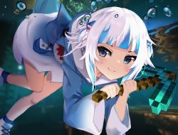 Rule 34 | 1girl, absurdres, blue eyes, blue hair, commentary, dayshiart, english commentary, fins, fish tail, floating, gawr gura, highres, holding, holding pickaxe, hololive, hololive english, hood, hoodie, light blush, looking to the side, minecraft, minecraft pickaxe, multicolored hair, pickaxe, shark fin, shark tail, smile, solo, streaked hair, tail, two side up, underwater, virtual youtuber, white hair