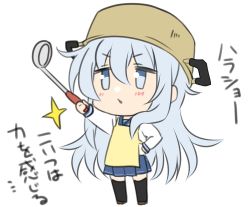 Rule 34 | 1girl, black thighhighs, blue sailor collar, blue skirt, chibi, commentary request, hibiki (kancolle), hizuki yayoi, holding, kantai collection, ladle, long hair, pleated skirt, pot on head, sailor collar, school uniform, serafuku, simple background, skirt, solo, standing, thighhighs, translation request, white background