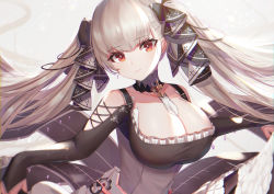 Rule 34 | 1girl, azur lane, between breasts, black dress, blush, breasts, cleavage, dolce (dolsuke), dress, formidable (azur lane), frilled dress, frills, grey hair, highres, large breasts, long hair, red eyes, simple background, solo, twintails, two-tone dress, two-tone ribbon, very long hair