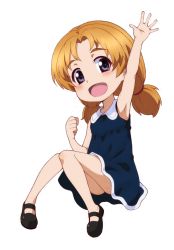 Rule 34 | 1girl, aged down, arm up, armpits, black footwear, blue dress, blue eyes, collared dress, commentary, commission, dress, girls und panzer, hair tie, invisible chair, kayabakoro, looking at viewer, low twintails, mary janes, medium hair, no socks, open mouth, orange hair, orange pekoe (girls und panzer), parted bangs, pixiv commission, shoes, short dress, simple background, sitting, sleeveless, sleeveless dress, smile, solo, twintails, waving, white background
