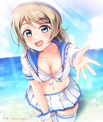 Rule 34 | 1girl, artist name, artist request, bikini, blue eyes, blue sky, blush, breasts, cleavage, cloud, collarbone, female focus, grey hair, highres, light brown hair, looking at viewer, love live!, love live! school idol festival, love live! sunshine!!, outdoors, parted lips, ponyagii, reaching, reaching towards viewer, sailor collar, shirt, short hair, skirt, sky, small breasts, smile, solo, swimsuit, watanabe you, white bikini, white cuffs, white legwear, white shirt, white skirt