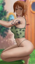 Rule 34 | 1girl, ass, black panties, blush, breasts, brown eyes, commentary, door, english commentary, g-string, grass, green shirt, highres, large breasts, looking at viewer, nami (one piece), naughty face, one piece, orange eyes, orange hair, oroborus, panties, pirate, shirt, short hair, shoulder tattoo, smile, solo, squatting, tattoo, thighs, thong, underwear