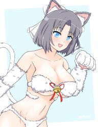 Rule 34 | 1girl, :3, :d, animal ear fluff, animal ears, animal hands, bare shoulders, bell, bikini, blue background, blue eyes, blush, body fur, bow, breasts, cat ears, cat girl, cat paws, cat tail, cleavage, collarbone, commentary request, fur bikini, grey hair, groin, hair bow, highres, jingle bell, large breasts, linea alba, looking at viewer, navel, open mouth, paw pose, pawpads, red ribbon, ribbon, sasakura (jgay7435), senran kagura, senran kagura peach ball, senran kagura shinovi versus, short hair, simple background, smile, solo, swimsuit, tail, underboob, white bow, white fur, yumi (senran kagura)
