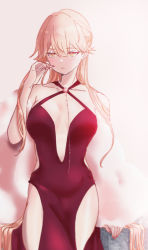 Rule 34 | 1girl, bare shoulders, blonde hair, blush, breasts, citron80citron, closed mouth, collarbone, dress, earrings, feet out of frame, fur collar, girls&#039; frontline, hand in own hair, highres, jewelry, long hair, looking at viewer, medium breasts, nail polish, necklace, official alternate costume, ots-14 (girls&#039; frontline), ots-14 (ruler of the banquet) (girls&#039; frontline), red dress, red nails, simple background, solo, standing, yellow eyes
