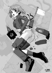 Rule 34 | 10s, 1girl, anglerfish, ass, bad id, bad twitter id, commentary request, damaged, fish, flag, full body, girls und panzer, greyscale, looking at viewer, looking back, mecha musume, miniskirt, monochrome, nishizumi miho, open mouth, panties, pantyshot, sano toshihide, short hair, skirt, solo, sweatdrop, thighs, underwear, zoom layer