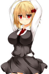 Rule 34 | 1girl, alternate breast size, arms up, black skirt, blonde hair, blush, breasts, highres, large breasts, looking at viewer, red eyes, rumia, short hair, simple background, skirt, solo, touhou, us2s, white background