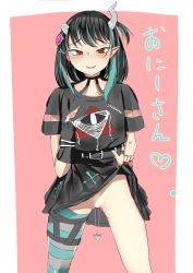 Rule 34 | 1girl, absurdres, black dress, black hair, blue hair, blue thighhighs, blush, clothes lift, demon girl, demon horns, dress, dress lift, eye of providence, fang, feet out of frame, flat chest, grey thighhighs, highres, horns, inabamaru, lifting own clothes, looking at viewer, medium hair, multicolored hair, nanashi inc., nipple cutout, nipple piercing, nipples, no panties, official alternate costume, open mouth, piercing, pointy ears, pussy, pussy piercing, red eyes, shishio chris, shishio chris (3rd costume), single thighhigh, solo, striped clothes, striped thighhighs, sugar lyric, thighhighs, translation request, two-tone hair, virtual youtuber