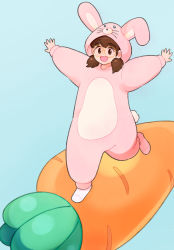 Rule 34 | 1girl, absurdres, animal costume, aragon honnin, blue background, blush, brown eyes, brown hair, carrot, glasses, highres, looking at viewer, low twintails, open mouth, orange-framed eyewear, original, rabbit costume, round eyewear, short hair, short twintails, simple background, smile, solo, swept bangs, twintails