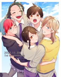 2boys 3girls :d ;) anniversary arven_(pokemon) black_hair black_hoodie brown_hair closed_eyes cloud commentary_request creatures_(company) dated florian_(pokemon) game_freak glasses green_hair grey_hair grey_shirt grin group_hug highres hood hood_down hoodie hug juliana_(pokemon) leg_up long_hair looking_at_viewer looking_back multicolored_hair multiple_boys multiple_girls nemona_(pokemon) nintendo one_eye_closed open_mouth pantyhose penny_(pokemon) pokemon pokemon_sv ponytail purple_shorts red_hair round_eyewear school_uniform see-through_clothes see-through_skirt shirt short_hair shorts skirt sky smile teeth tongue twitter_username two-tone_hair upper_teeth_only vest woppero_prpr yellow_vest