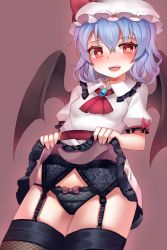 Rule 34 | 1girl, bad id, bad twitter id, bat wings, black panties, black thighhighs, blue hair, blush, bow, bow panties, clothes lift, fangs, fishnets, garter belt, garter straps, hat, heart, heart-shaped pupils, highres, lace, lifted by self, looking at viewer, mob cap, open mouth, panties, papo, puffy short sleeves, puffy sleeves, red eyes, remilia scarlet, short sleeves, simple background, skirt, skirt lift, solo, symbol-shaped pupils, teeth, thighhighs, touhou, underwear, wings