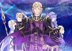 Rule 34 | 2boys, 3girls, armor, azura (fire emblem), blonde hair, blue hair, brother and sister, brothers, camilla (fire emblem), elise (fire emblem), fire emblem, fire emblem fates, gloves, gradient background, hino michi, lance, leo (fire emblem), long hair, multiple boys, multiple girls, nintendo, polearm, purple hair, siblings, sisters, weapon, xander (fire emblem)