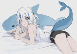 Rule 34 | 1girl, bare shoulders, black shorts, blue eyes, closed mouth, fins, fish tail, gawr gura, highres, hololive, hololive english, looking at viewer, lying, medium hair, shark tail, shorts, solo, tail, vertigris, virtual youtuber, white hair