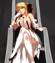 Rule 34 | 1girl, alternate breast size, artist request, artoria pendragon (all), artoria pendragon (fate), bare shoulders, blonde hair, blush, breasts, cleavage, crossed legs, detached collar, detached sleeves, dress, fate/grand order, fate/stay night, fate/unlimited codes, fate (series), female focus, gloves, green eyes, grin, hair ribbon, hand on own cheek, hand on own face, large breasts, legs, long hair, looking at viewer, parted lips, ponytail, qingchen (694757286), ribbon, saber (fate), saber lily, shiny skin, shoes, sitting, slouching, smile, smug, solo, strapless, strapless dress, thighhighs, throne, white dress, white gloves, white thighhighs