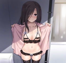 Rule 34 | 1girl, black bra, black panties, black thighhighs, blurry, blurry background, blush, bow, bow bra, bow panties, bra, breasts, brown eyes, brown hair, cleavage, closed mouth, collarbone, cowboy shot, depth of field, exhibitionism, eyes visible through hair, hair over one eye, jacket, lace, lace-trimmed bra, lace-trimmed legwear, lace-trimmed panties, lace trim, long hair, looking at viewer, medium breasts, nakajima yuka, navel, open clothes, open jacket, original, panties, pink jacket, public indecency, smile, solo, thighhighs, underwear