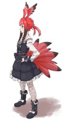 Rule 34 | 1girl, absurdres, black footwear, black hair, boots, commentary, dress, frilled dress, frills, full body, gradient hair, hair bobbles, hair ornament, hand on own hip, head wings, highres, kemono friends, long hair, long sleeves, looking away, multicolored hair, pantyhose, red eyes, red hair, scarlet ibis (kemono friends), short twintails, sidelocks, simple background, solo, standing, tail, tanabe (fueisei), twintails, white background, wings