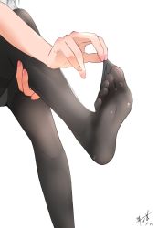 Rule 34 | 1girl, absurdres, black pantyhose, commentary request, feet, fingernails, foot focus, highres, nail polish, no shoes, pantyhose, removing legwear, simple background, soles, solo, toes, white background