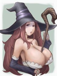 Rule 34 | 1girl, bare shoulders, between breasts, breasts, brown eyes, brown hair, detached sleeves, dragon&#039;s crown, dress, eau, elbow gloves, gloves, hat, huge breasts, index finger raised, long hair, open mouth, solo, sorceress (dragon&#039;s crown), staff, strapless, strapless dress, upper body, vanillaware, witch hat