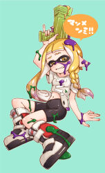 Rule 34 | 1girl, bike shorts, black shorts, blonde hair, blue background, braid, breasts, clenched teeth, defeat, gun, hamao, highres, inkling, inkling girl, inkling player character, long hair, looking at viewer, navel, nintendo, paint on body, paint splatter, paint splatter on face, pointy ears, shirt, shorts, small breasts, solo, speech bubble, splatoon (series), squid girl, teeth, translation request, weapon, white shirt, yellow eyes