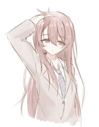 Rule 34 | 1girl, :|, arm at side, blazer, blue necktie, blush, brown eyes, brown hair, closed mouth, collared shirt, cropped torso, expressionless, grey jacket, hair between eyes, hand on own head, jacket, long hair, long sleeves, looking at viewer, magna art, necktie, original, ruffling hair, school uniform, shirt, simple background, solo, straight hair, striped necktie, very long hair, white background, white shirt
