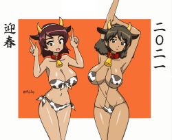 Rule 34 | 10 ji lay, 2021, 2girls, :d, :o, animal collar, animal ears, animal print, arm behind head, arm up, armpits, bell, bikini, black eyes, black hair, blunt ends, bob cut, border, breasts, brown hair, chinese zodiac, cleavage, collar, commentary, cow ears, cow horns, cow print, curly hair, dark-skinned female, dark skin, eyepatch bikini, fake animal ears, fake horns, front-tie bikini top, front-tie top, girls und panzer, green eyes, highres, horns, horns pose, large breasts, looking at viewer, multiple girls, navel, neck bell, new year, open mouth, orange background, red collar, short hair, side-tie bikini bottom, skindentation, smile, standing, strapless, strapless bikini, stretching, swept bangs, swimsuit, translated, tristana (girls und panzer), twitter username, viridiana (girls und panzer), white border, year of the ox